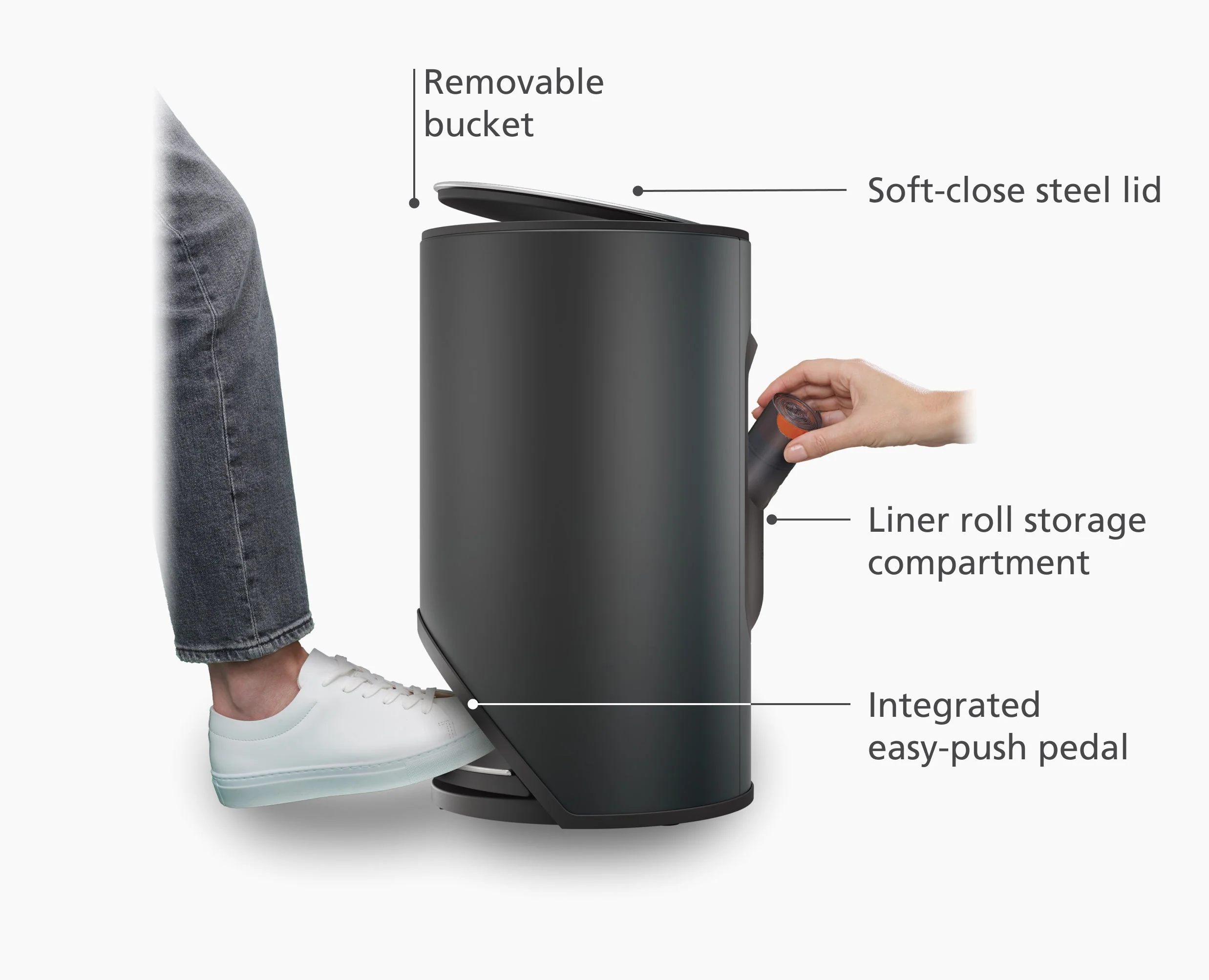 Arc™ 10L Easy-push Matt Black Pedal Trash Can - Image 4
