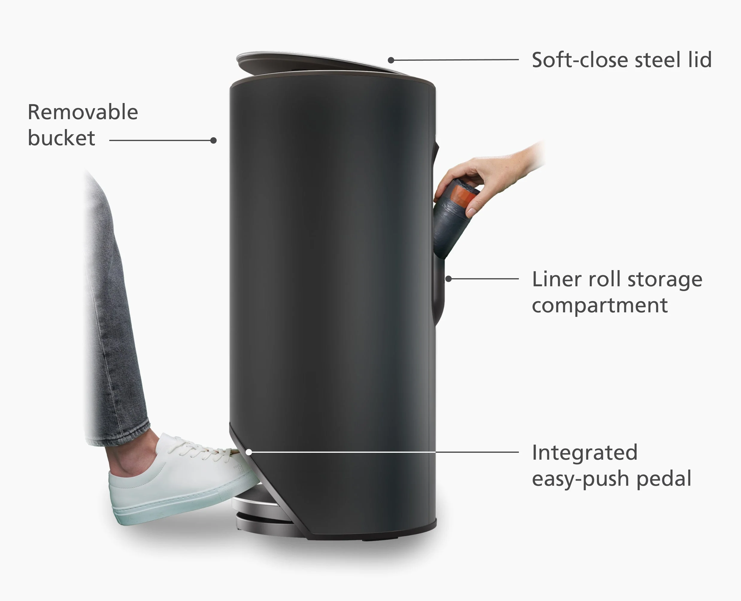 Arc™ 30L Easy-push Matt Black Pedal Trash Can - Image 4