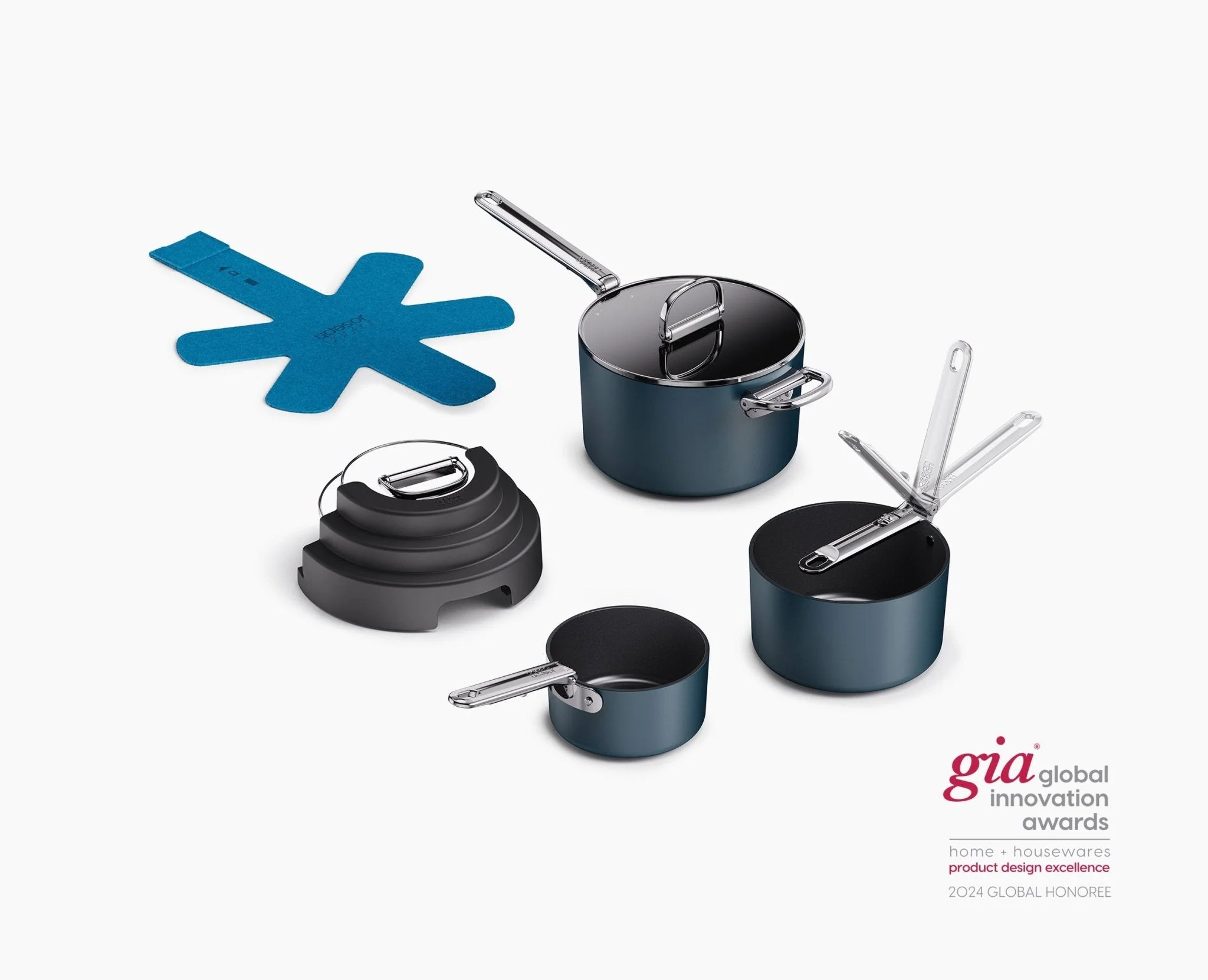 Space Stack Folding Handle Non-Stick 7-Piece Blue Saucepan Set With Lid Storage - Image 3